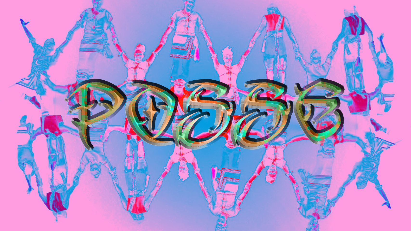 A pink and blue image of several people holding hands behind the word "P0$$€" in large, capital letters