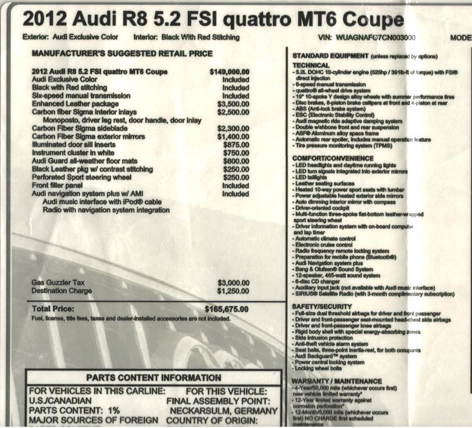 2012 Audi R8 5.2 Quattro Build Sheet at Driven