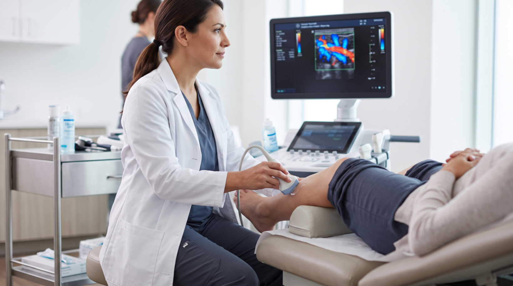 a vascular specialist performing a painless Doppler ultrasound evaluation on a patient's leg.
