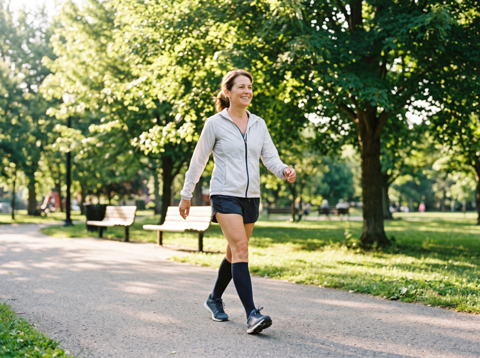 An active adult enjoying outdoor mobility in a pleasant suburban setting (reflecting Bethesda/DMV area vibes).