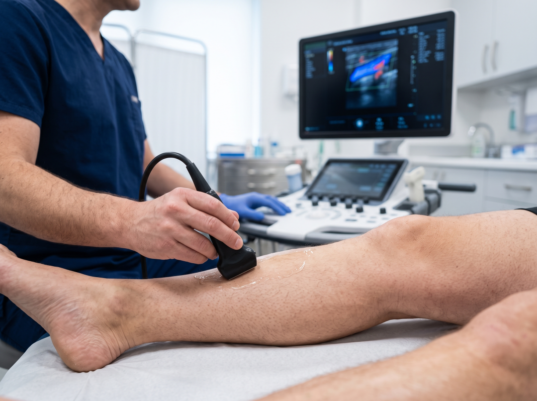 A doctor or technician performing a gentle ultrasound examination on a patient’s leg.