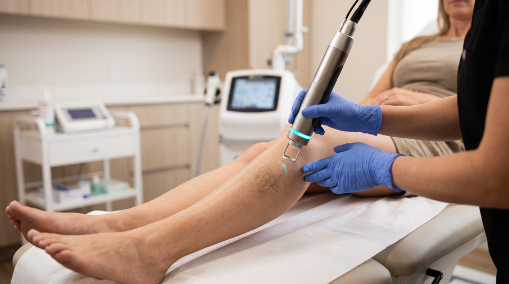A close-up, high-quality medical aesthetic photograph showing a gloved medical professional holding a sleek, modern handheld laser treatment device near a patient's lower leg.