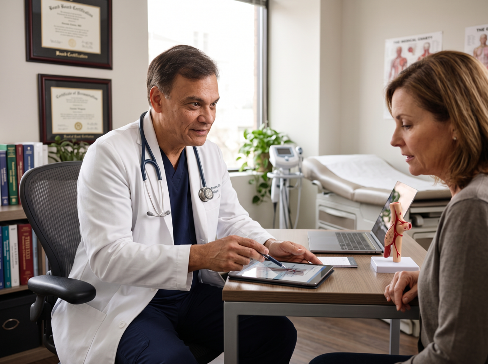 A board-certified vascular surgeon reviewing treatment options on a digital tablet with a patient.
