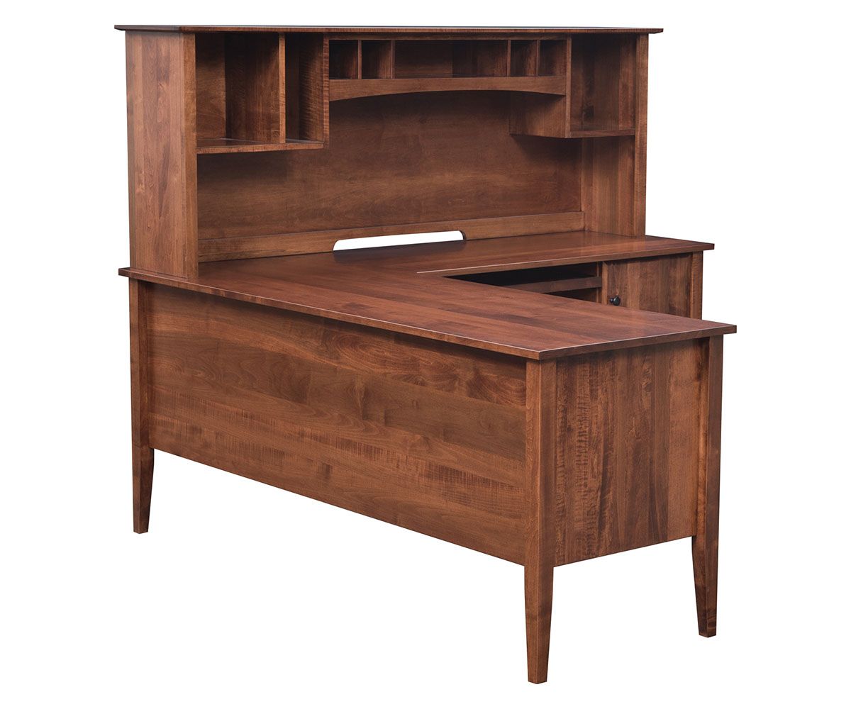 hand-rubbed finish hardwood L-shaped Hardwood Desk With Hutch And Storage, L-shaped Hardwood Desk With Hutch And Storage in a showroom vignette setting highlighting L-shaped Hardwood Desk With Hutch And Storage (thumbnail 2 of 2).