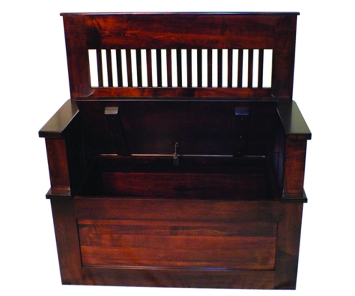 hand-rubbed finish hardwood Mission Slat-back Storage Bench With Armrests, Mission Slat-back Storage Bench With Armrests in a showroom vignette setting highlighting Mission Slat-back Storage Bench With Armrests (thumbnail 2 of 2).