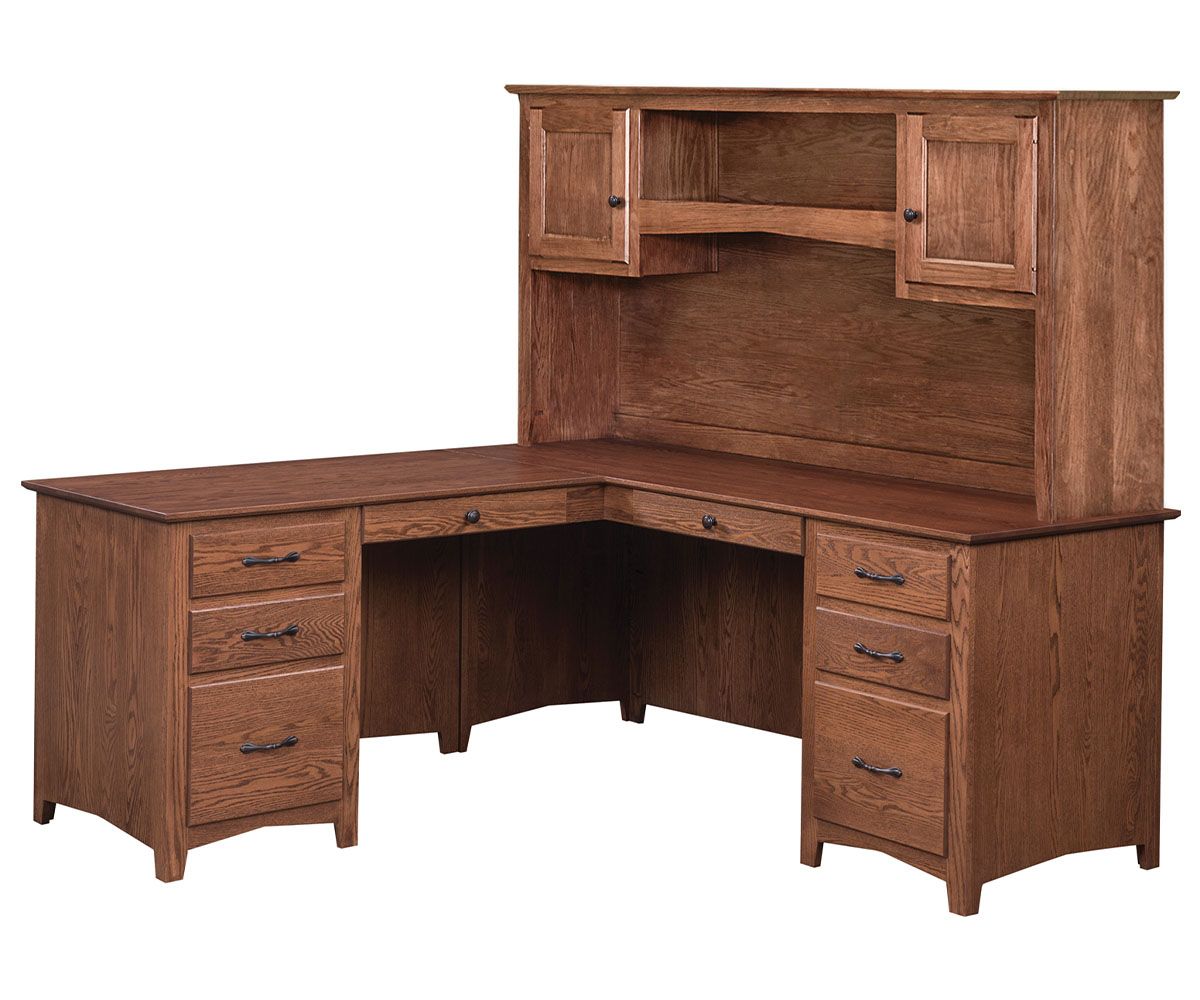 hand-rubbed finish hardwood L-shaped Solid Wood Office Desk With Drawers, L-shaped Solid Wood Office Desk With Drawers in a showroom vignette setting highlighting L-shaped Solid Wood Office Desk With Drawers (thumbnail 2 of 3).