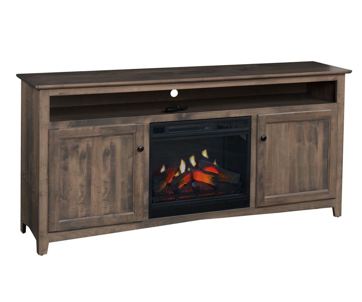 hand-rubbed finish hardwood Rustic Fireplace Tv Console With Storage Cabinets, Rustic Fireplace Tv Console With Storage Cabinets in a showroom vignette setting highlighting Rustic Fireplace Tv Console With Storage Cabinets (thumbnail 2 of 3).