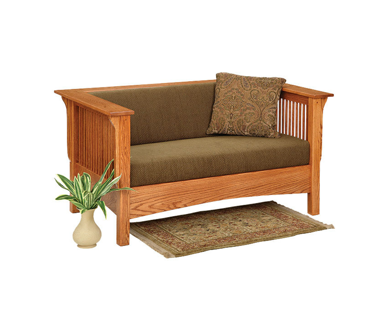 hand-rubbed finish hardwood Mission Style Club Loveseat Sofa, Mission Style Club Loveseat Sofa in a Mission vignette setting highlighting Mission Style Club Loveseat Sofa (thumbnail 2 of 4).