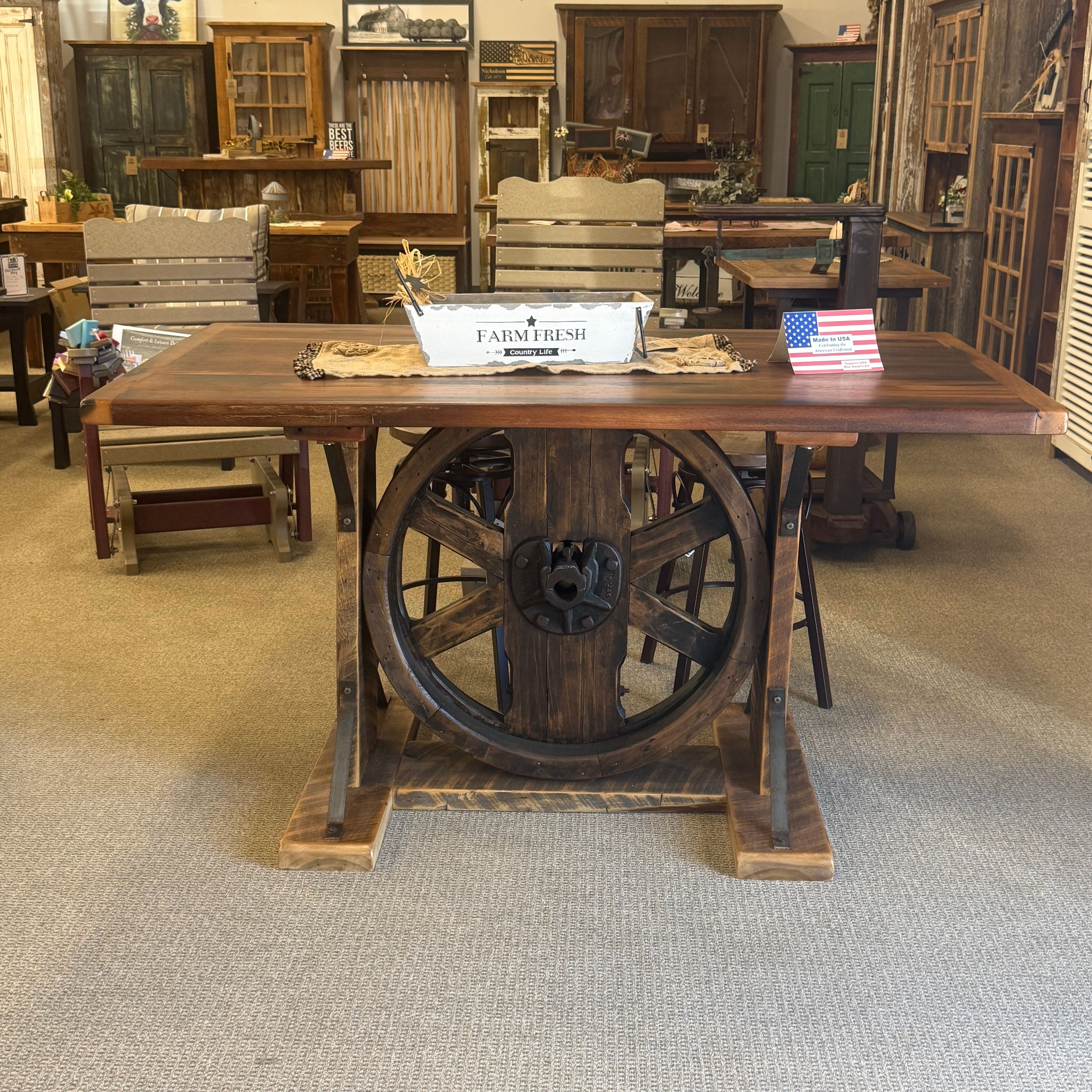 hand-rubbed finish hardwood Homestead Wheel Dining Table, thumbnail 2 in a Dining setting (thumbnail 2 of 5).