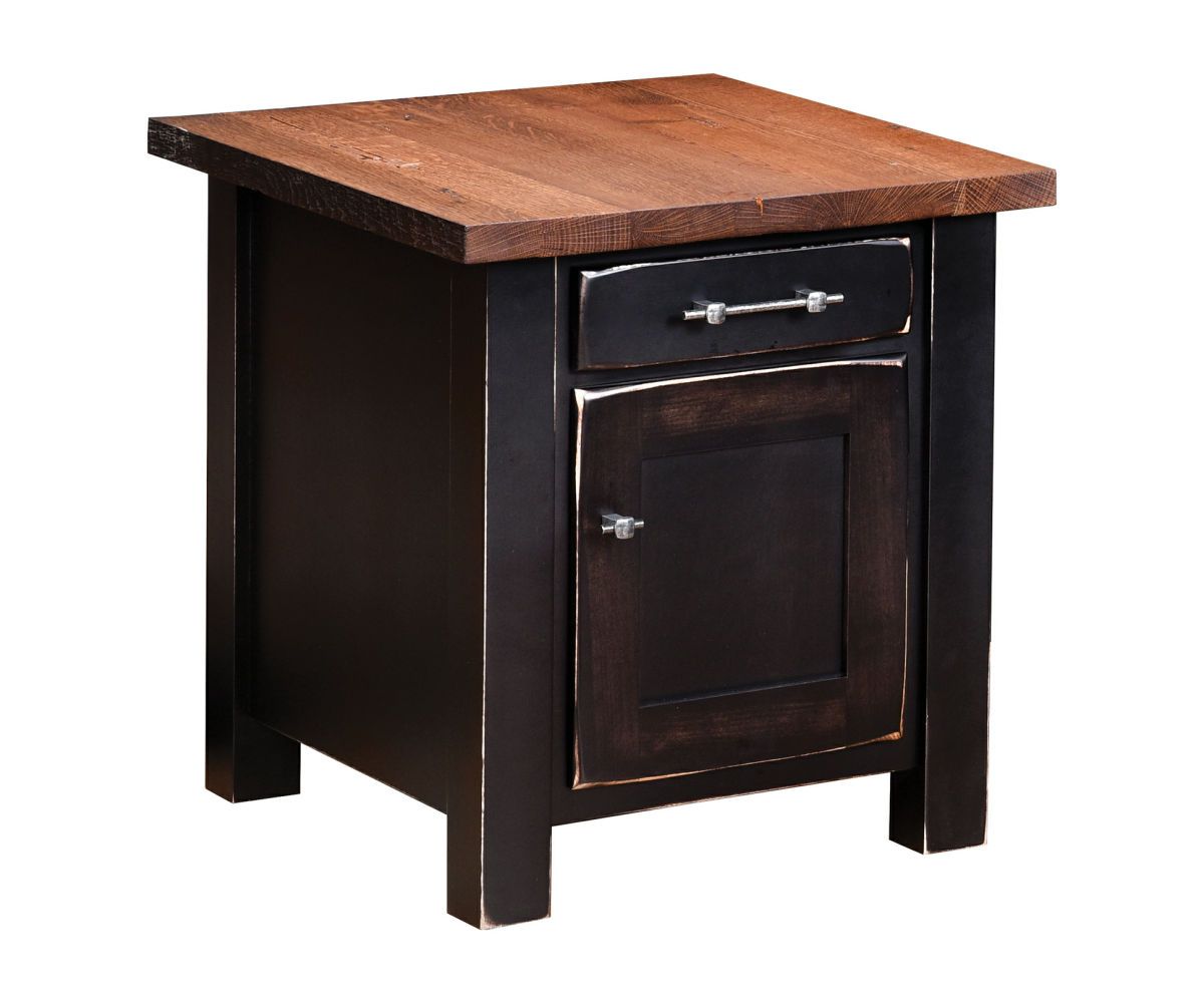 hand-rubbed finish hardwood Panel Door End Table With Drawer And Square Legs, Panel Door End Table With Drawer And Square Legs in a showroom vignette setting highlighting Panel Door End Table With Drawer And Square Legs (thumbnail 5 of 5).