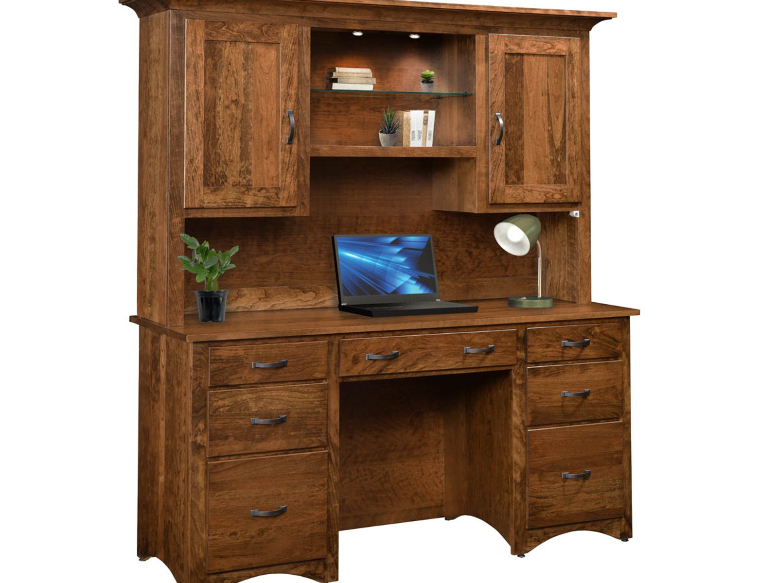 hand-rubbed finish hardwood Shaker Double Pedestal Desk With Hutch And Storage Drawers, Shaker Double Pedestal Desk With Hutch And Storage Drawers in a Shaker vignette setting highlighting Shaker Double Pedestal Desk With Hutch And Storage Drawers (frame 1 of 3).