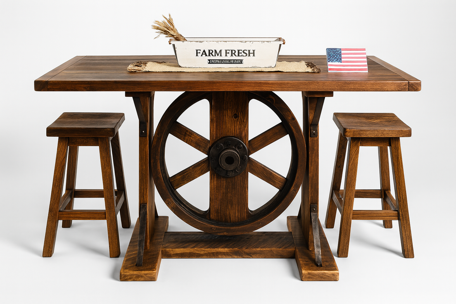 Rectangular hardwood dining table with a central wagon-wheel pedestal and iron hardware in a rustic showroom.