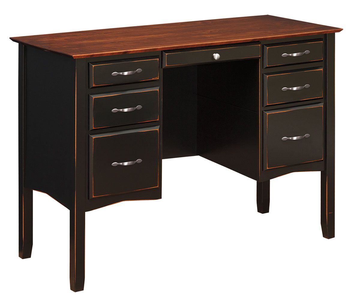 Distressed Black Desk With Cherry Top And Six Drawers