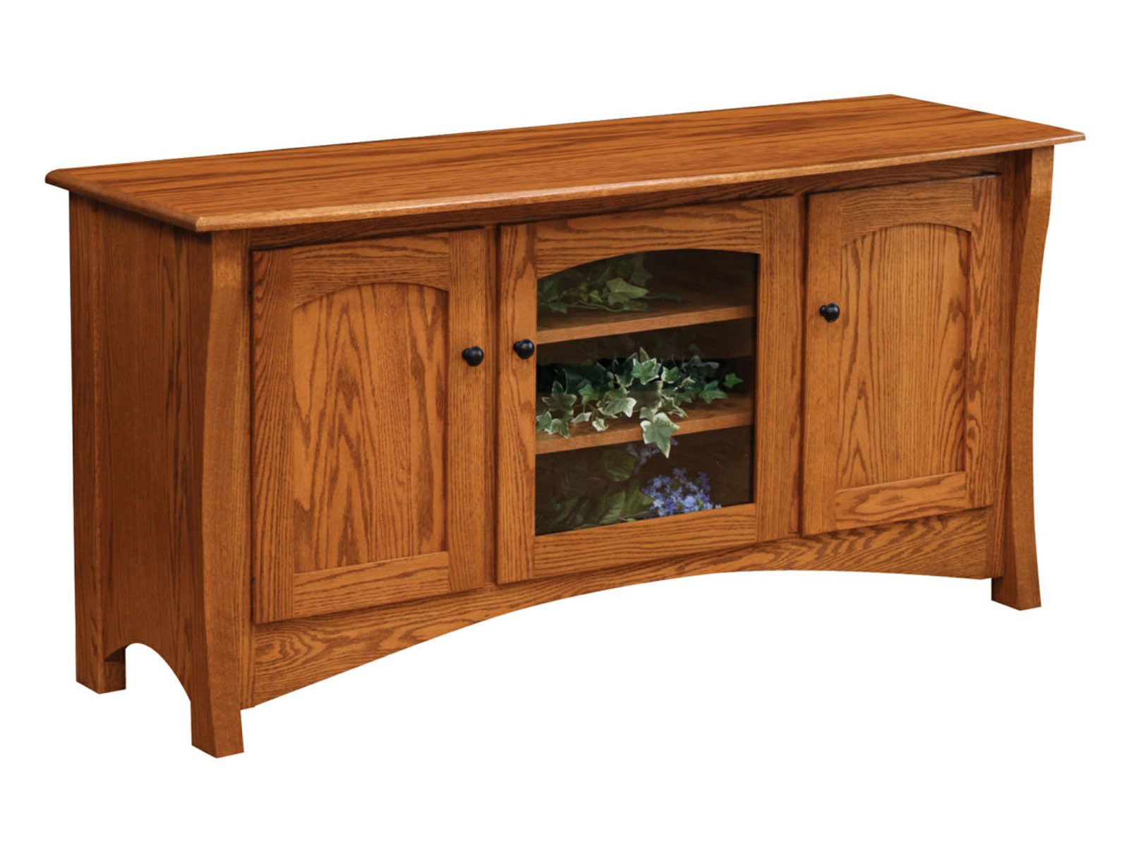 hand-rubbed finish hardwood Arched Panel Three-door Wood Sideboard With Glass Display Center, Arched Panel Three-door Wood Sideboard With Glass Display Center in a showroom vignette setting highlighting Arched Panel Three-door Wood Sideboard With Glass Display Center (frame 1 of 1).
