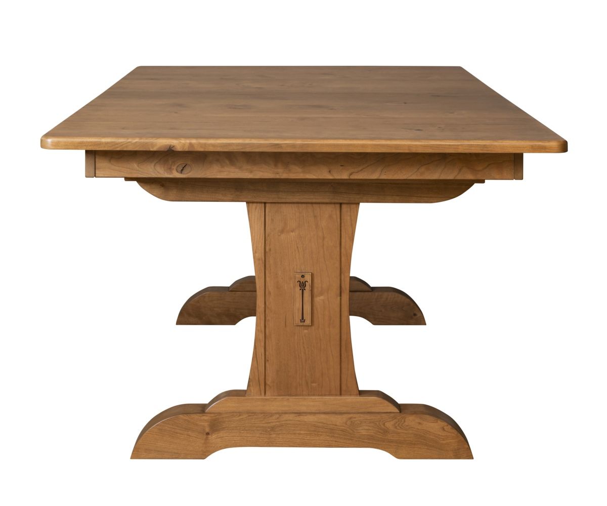 hand-rubbed finish hardwood Signature Solid Wood Trestle Dining Table With Leaves, Signature Solid Wood Trestle Dining Table With Leaves in a showroom vignette setting highlighting Signature Solid Wood Trestle Dining Table With Leaves (thumbnail 4 of 6).