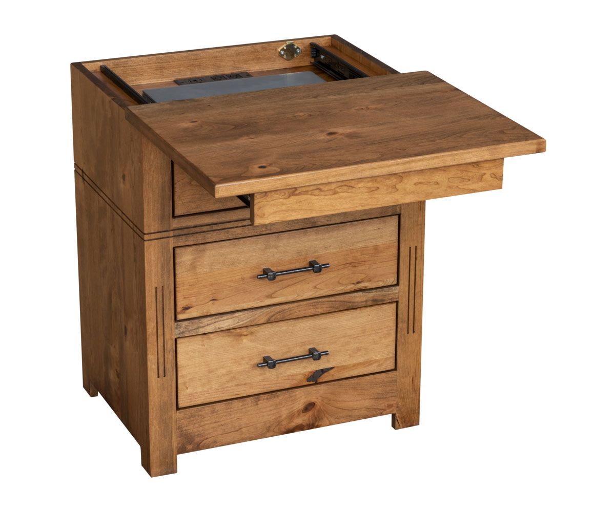 hand-rubbed finish hardwood Signature Mission Style 3-drawer Nightstand With Slide-top, Signature Mission Style 3-drawer Nightstand With Slide-top in a Signature vignette setting highlighting Signature Mission Style 3-drawer Nightstand With Slide-top (thumbnail 2 of 7).