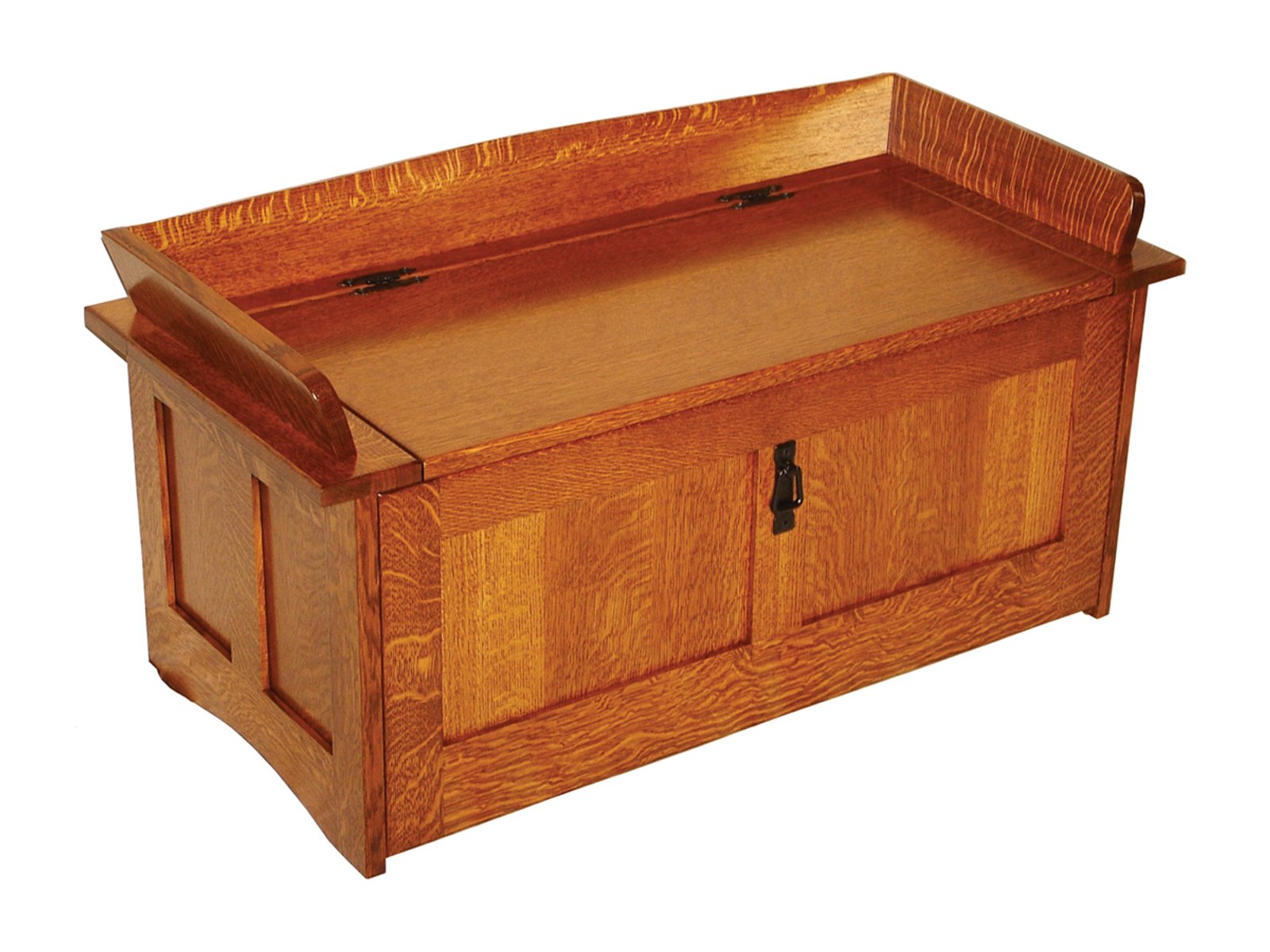 hand-rubbed finish hardwood Mission Panel-front Storage Bench With Lift-top And Side Arms, Mission Panel-front Storage Bench With Lift-top And Side Arms in a showroom vignette setting highlighting Mission Panel-front Storage Bench With Lift-top And Side Arms (frame 1 of 2).