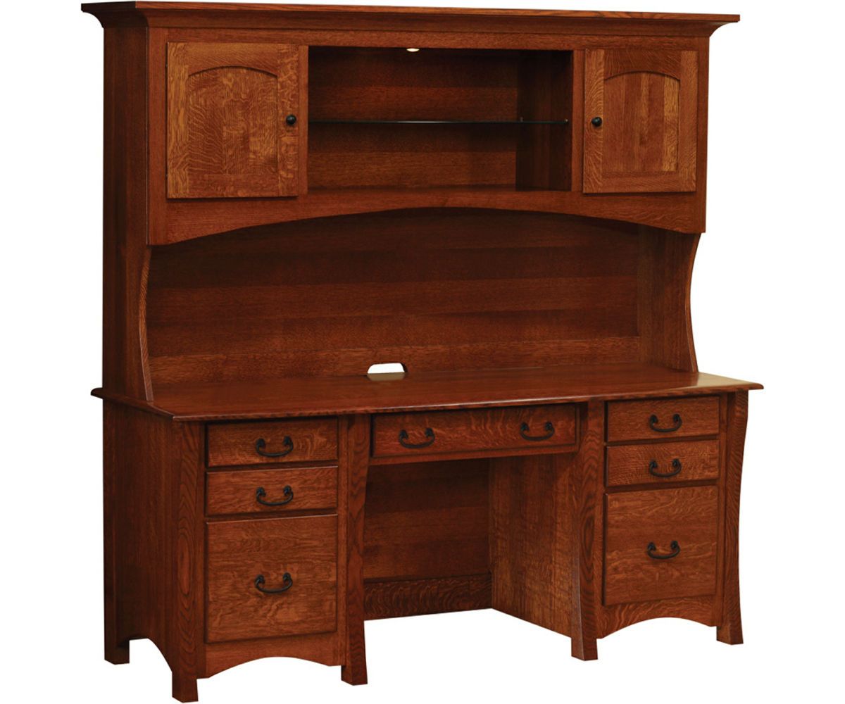 Arched Panel Hutch Desk With Storage Cabinets And Drawers