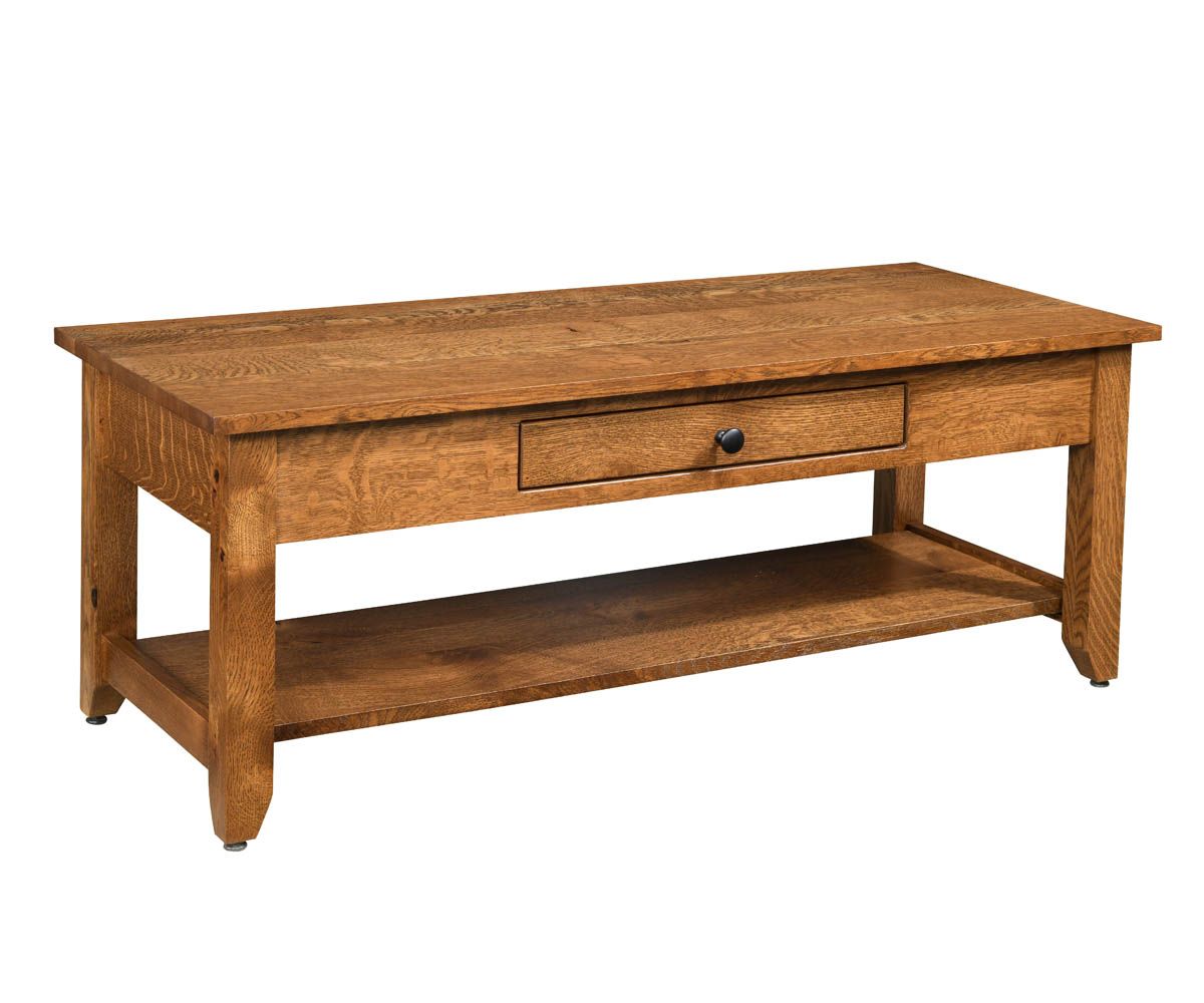 hand-rubbed finish hardwood Rectangular Coffee Table With Drawer And Open Shelf Base, Rectangular Coffee Table With Drawer And Open Shelf Base in a showroom vignette setting highlighting Rectangular Coffee Table With Drawer And Open Shelf Base (thumbnail 3 of 6).