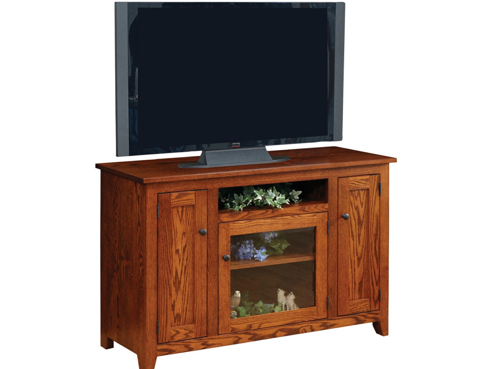 hand-rubbed finish hardwood Mission Oak Glass Door Tv Stand With Storage Cabinets, Mission Oak Glass Door Tv Stand With Storage Cabinets in a showroom vignette setting highlighting Mission Oak Glass Door Tv Stand With Storage Cabinets (frame 1 of 1).
