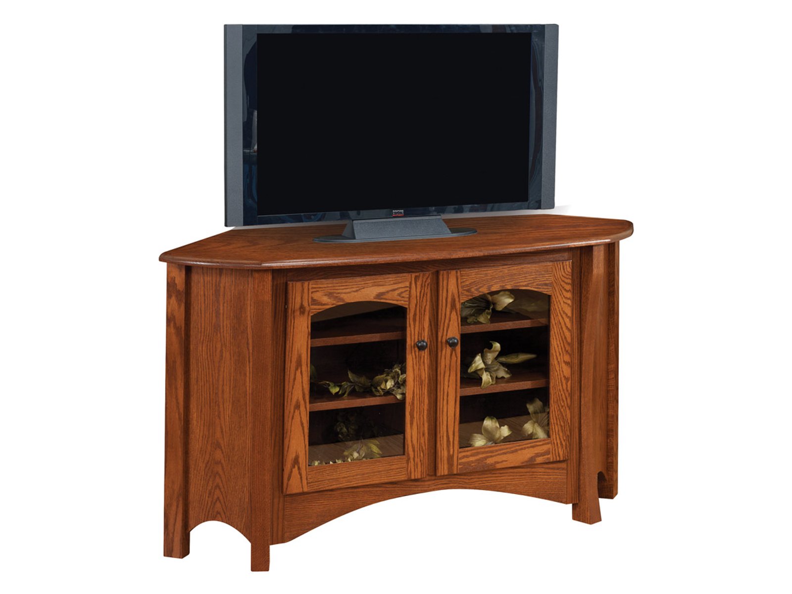 hand-rubbed finish hardwood Arched Glass Door Corner Tv Console With Curved Base, Arched Glass Door Corner Tv Console With Curved Base in a showroom vignette setting highlighting Arched Glass Door Corner Tv Console With Curved Base (frame 1 of 2).