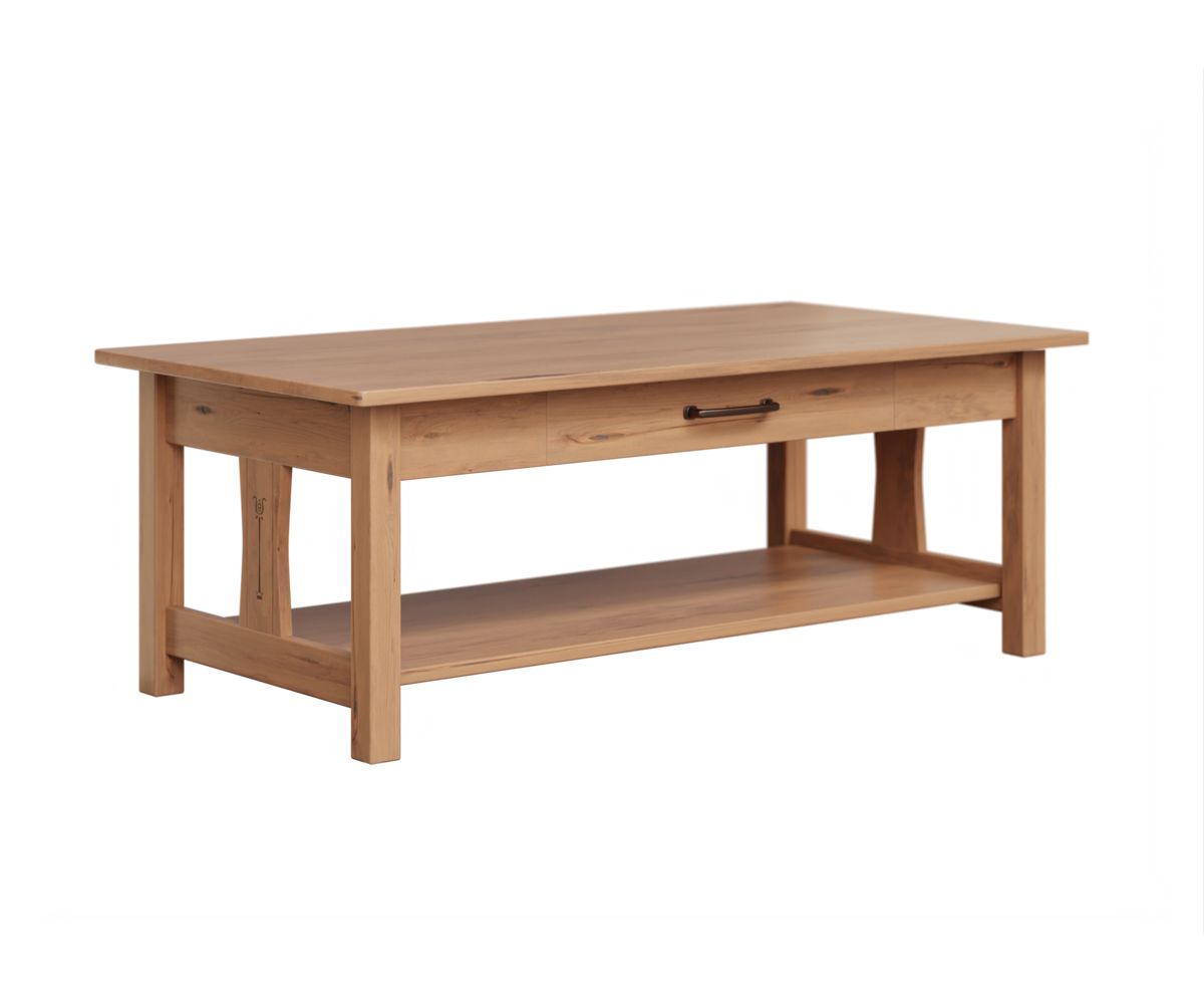 hand-rubbed finish hardwood Mission Style Solid Cherry Coffee Table With Drawer And Shelf, Mission Style Solid Cherry Coffee Table With Drawer And Shelf in a Mission vignette setting highlighting Mission Style Solid Cherry Coffee Table With Drawer And Shelf (thumbnail 2 of 5).