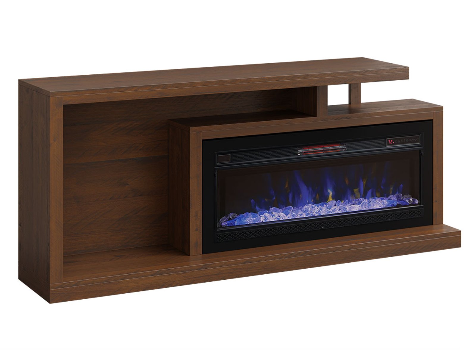hand-rubbed finish hardwood Modern Rough Sawn Brown Maple Fireplace Tv Stand With Open Shelves, Modern Rough Sawn Brown Maple Fireplace Tv Stand With Open Shelves in a showroom vignette setting highlighting Modern Rough Sawn Brown Maple Fireplace Tv Stand With Open Shelves (frame 1 of 1).