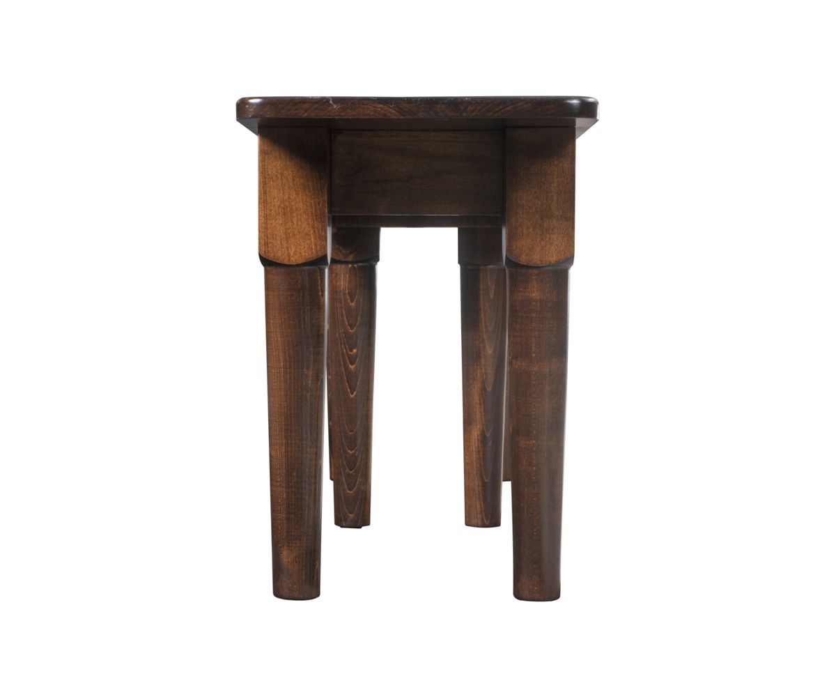 hand-rubbed finish hardwood Tapered Leg Rectangular Dining Bench In Warm Brown Finish, Tapered Leg Rectangular Dining Bench In Warm Brown Finish in a showroom vignette setting highlighting Tapered Leg Rectangular Dining Bench In Warm Brown Finish (thumbnail 2 of 2).