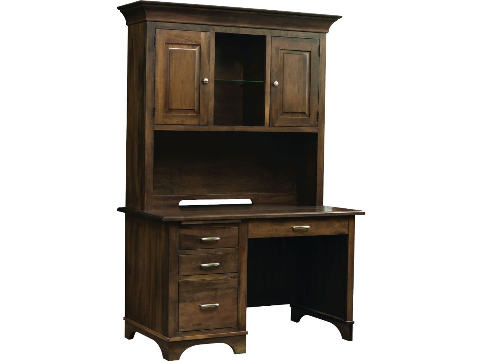 hand-rubbed finish hardwood Traditional Two-piece Desk With Hutch In Medium Brown, Traditional Two-piece Desk With Hutch In Medium Brown in a showroom vignette setting highlighting Traditional Two-piece Desk With Hutch In Medium Brown (frame 1 of 2).
