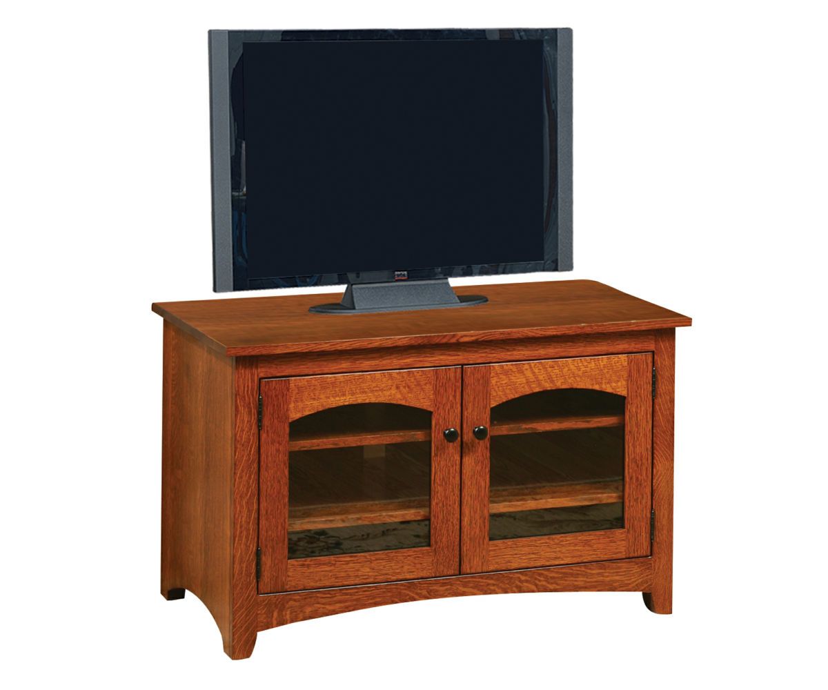 hand-rubbed finish hardwood Modern Shaker Bridge Entertainment Center With Glass Display Towers, Modern Shaker Bridge Entertainment Center With Glass Display Towers in a showroom vignette setting highlighting Modern Shaker Bridge Entertainment Center With Glass Display Towers (thumbnail 2 of 2).