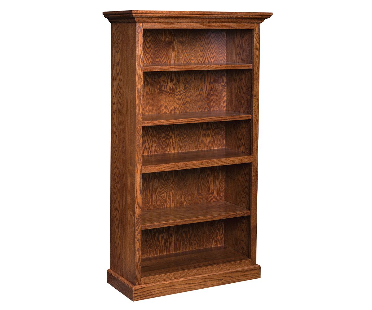 hand-rubbed finish hardwood Solid Wood Bookcase With Crown Molding, Solid Wood Bookcase With Crown Molding in a showroom vignette setting highlighting Solid Wood Bookcase With Crown Molding (thumbnail 6 of 9).