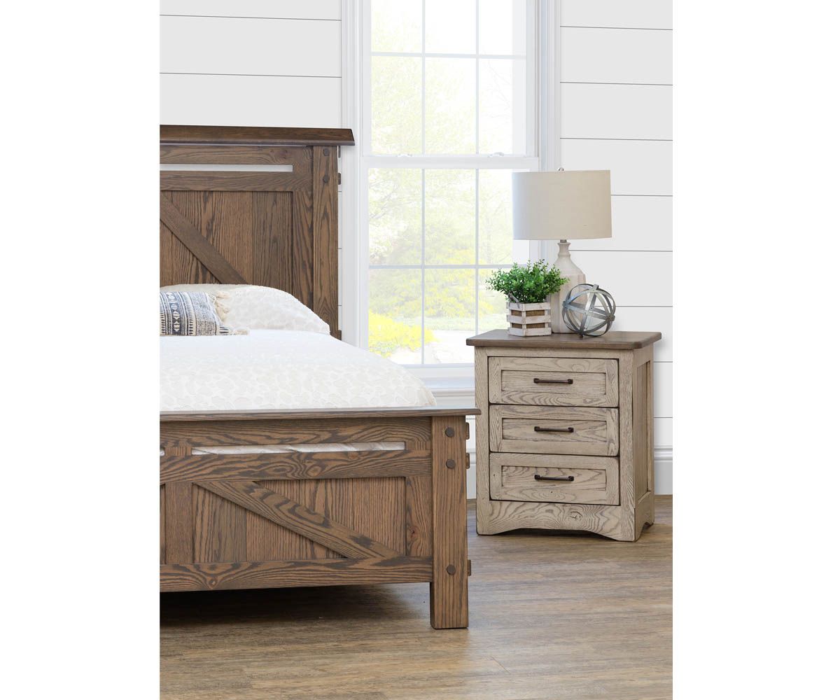 hand-rubbed finish hardwood Farmstead 3-drawer Nightstand With Panel Sides, Farmstead 3-drawer Nightstand With Panel Sides in a Farmstead vignette setting highlighting Farmstead 3-drawer Nightstand With Panel Sides (thumbnail 4 of 5).