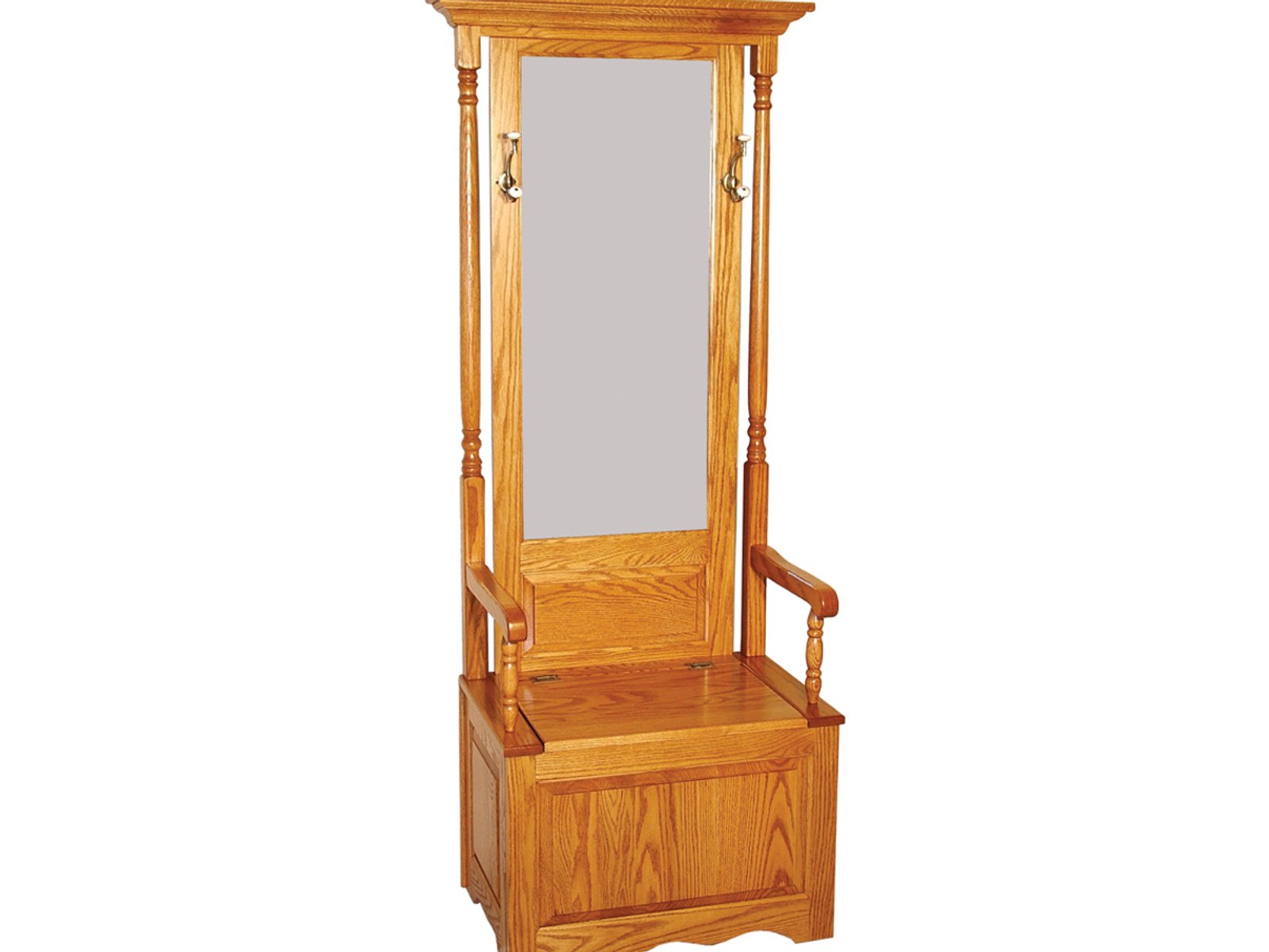 hand-rubbed finish hardwood Classic Oak Hall Tree Bench With Mirror And Storage, Classic Oak Hall Tree Bench With Mirror And Storage in a showroom vignette setting highlighting Classic Oak Hall Tree Bench With Mirror And Storage (frame 1 of 2).