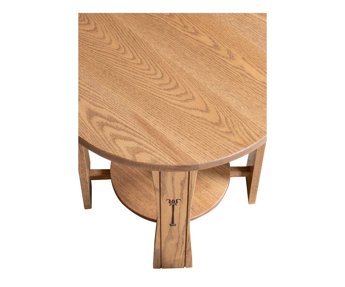 hand-rubbed finish hardwood Signature Round End Table, Signature Round End Table In Medium Brown Oak in a Signature vignette setting highlighting Signature Round End Table In Medium Brown Oak (thumbnail 2 of 4).