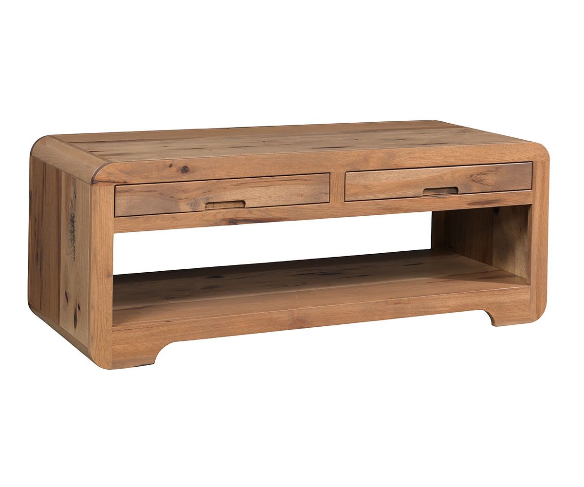Rounded Edge Solid Wood Coffee Table With Drawers And Open Shelf