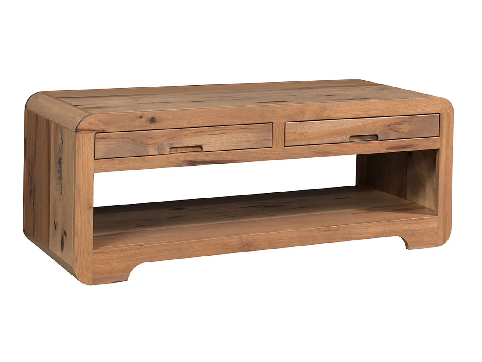 hand-rubbed finish hardwood Rounded Edge Solid Wood Coffee Table With Drawers And Open Shelf, Rounded Edge Solid Wood Coffee Table With Drawers And Open Shelf in a Europa vignette setting highlighting Rounded Edge Solid Wood Coffee Table With Drawers And Open Shelf (frame 1 of 2).