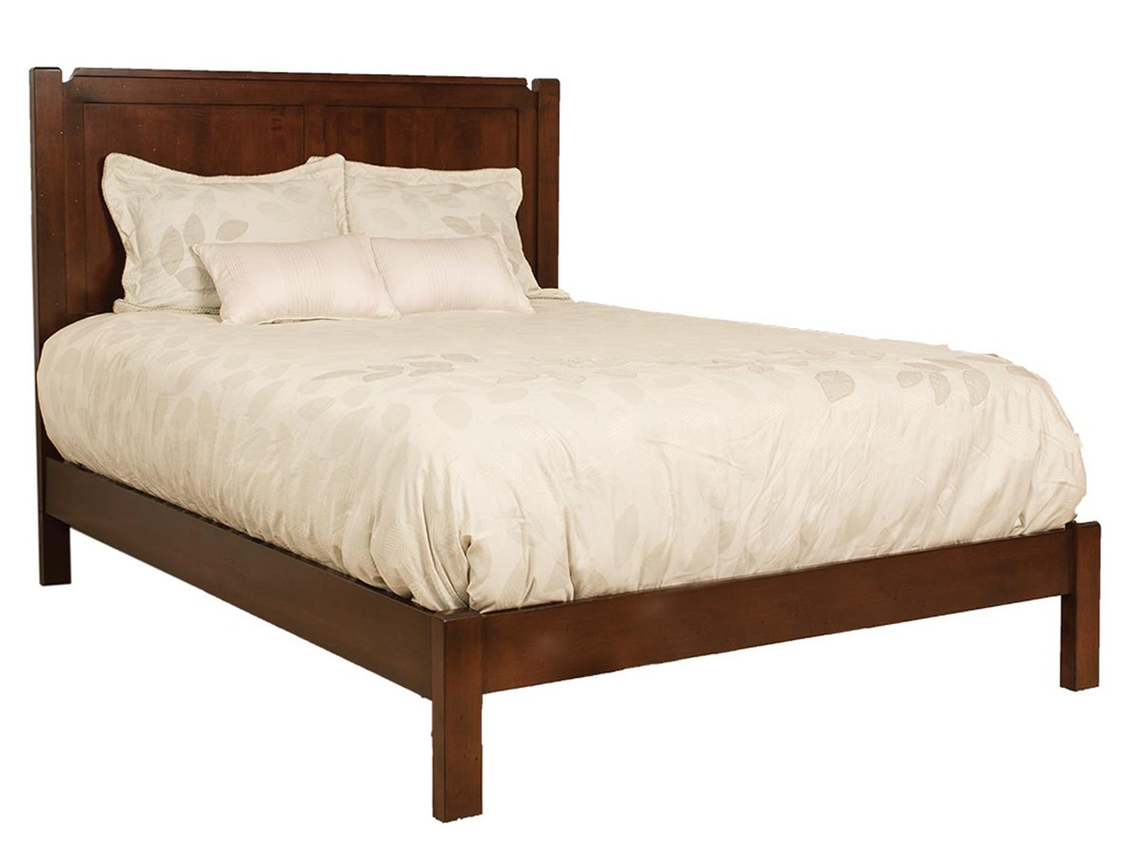 hand-rubbed finish hardwood Solid Wood Slat Panel Bed Frame, Bradford Panel Bed Frame In Medium Brown Finish in a showroom vignette setting highlighting Bradford Panel Bed Frame In Medium Brown Finish (frame 1 of 1).