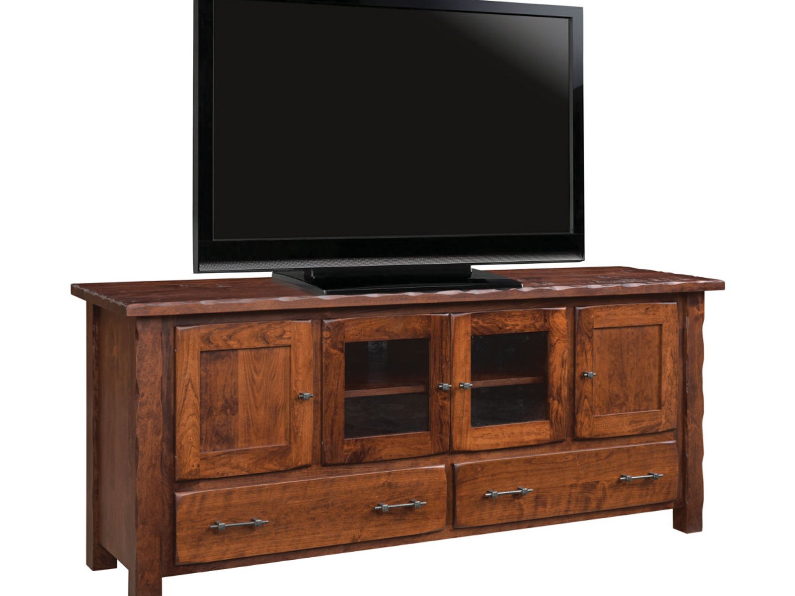 hand-rubbed finish hardwood Rustic Panel Door Tv Stand With Glass Center Cabinets And Drawers, Rustic Panel Door Tv Stand With Glass Center Cabinets And Drawers in a showroom vignette setting highlighting Rustic Panel Door Tv Stand With Glass Center Cabinets And Drawers (frame 1 of 1).