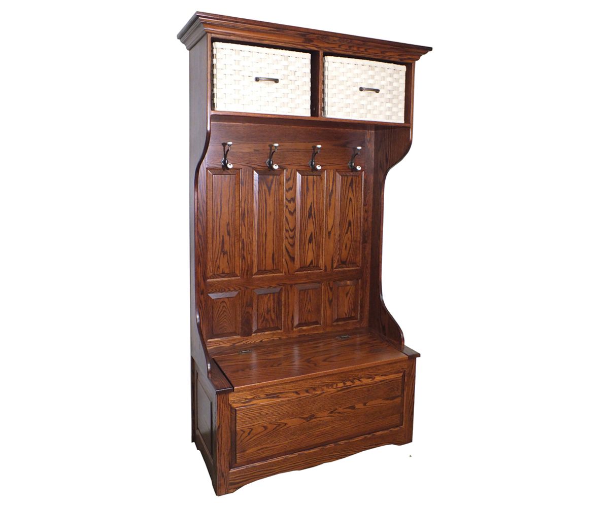 Paneled Hall Tree Bench With Storage And Woven Baskets