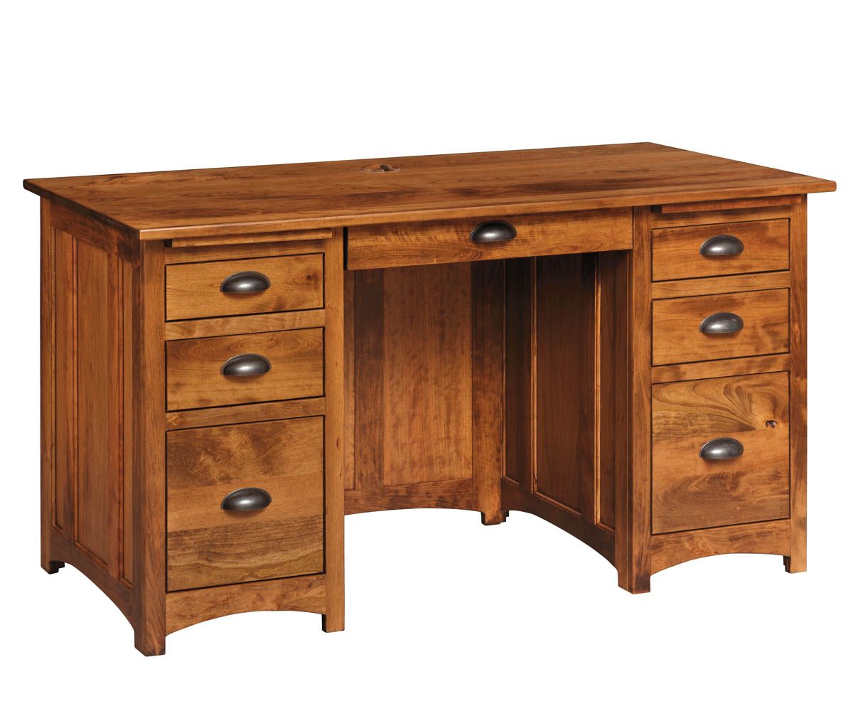 hand-rubbed finish hardwood Mission Style Double Pedestal Desk With Drawers, Mission Style Double Pedestal Desk With Drawers in a showroom vignette setting highlighting Mission Style Double Pedestal Desk With Drawers (thumbnail 3 of 4).