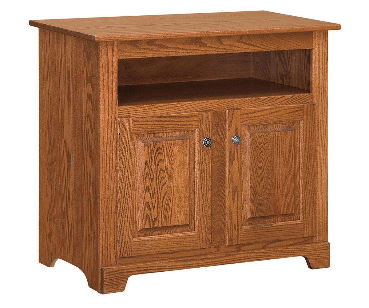 hand-rubbed finish hardwood Two-door Media Console With Open Shelf, Two-door Media Console With Open Shelf in a Maple Hill #2 vignette setting highlighting Two-door Media Console With Open Shelf (thumbnail 2 of 2).