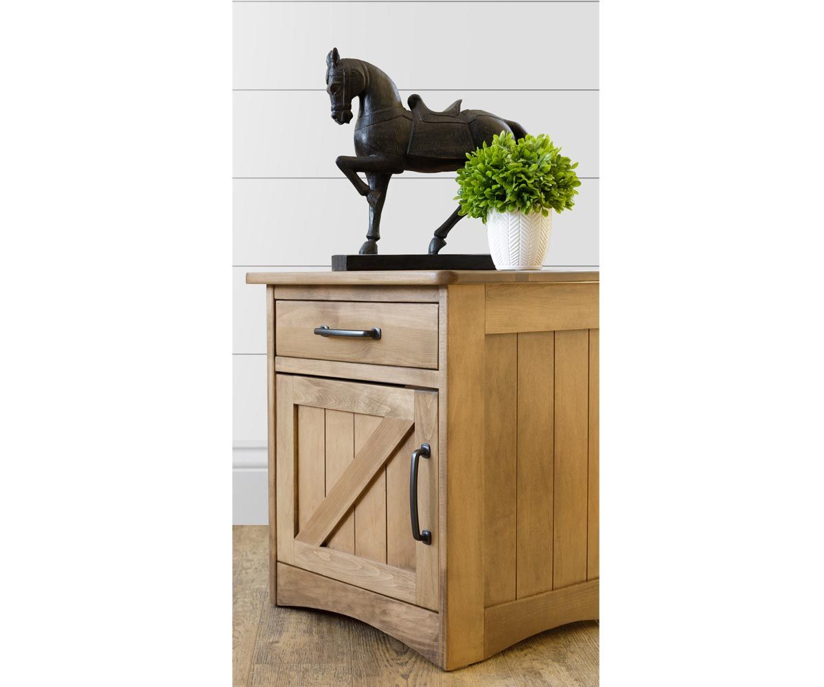 hand-rubbed finish hardwood Farmstead Mission Style End Table With Drawer And Door, Farmstead Mission Style End Table With Drawer And Door in a Farmstead vignette setting highlighting Farmstead Mission Style End Table With Drawer And Door (thumbnail 2 of 2).