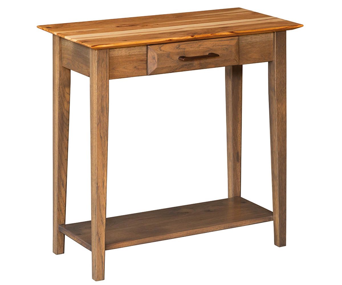 hand-rubbed finish hardwood Mission Style Console Table With Drawer And Lower Shelf, Mission Style Console Table With Drawer And Lower Shelf in a showroom vignette setting highlighting Mission Style Console Table With Drawer And Lower Shelf (thumbnail 2 of 3).