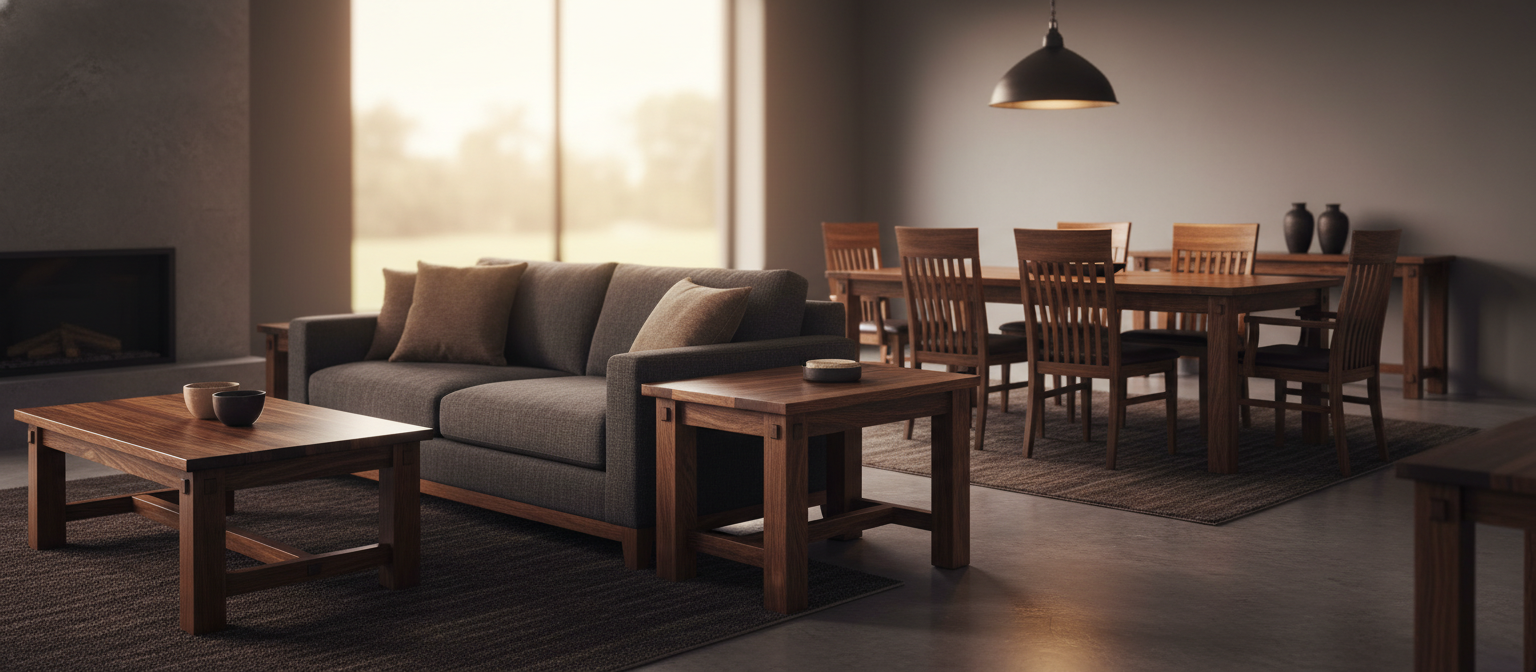 hand-rubbed finish hardwood Hero anchoring a showroom vignette scene featuring Hero.