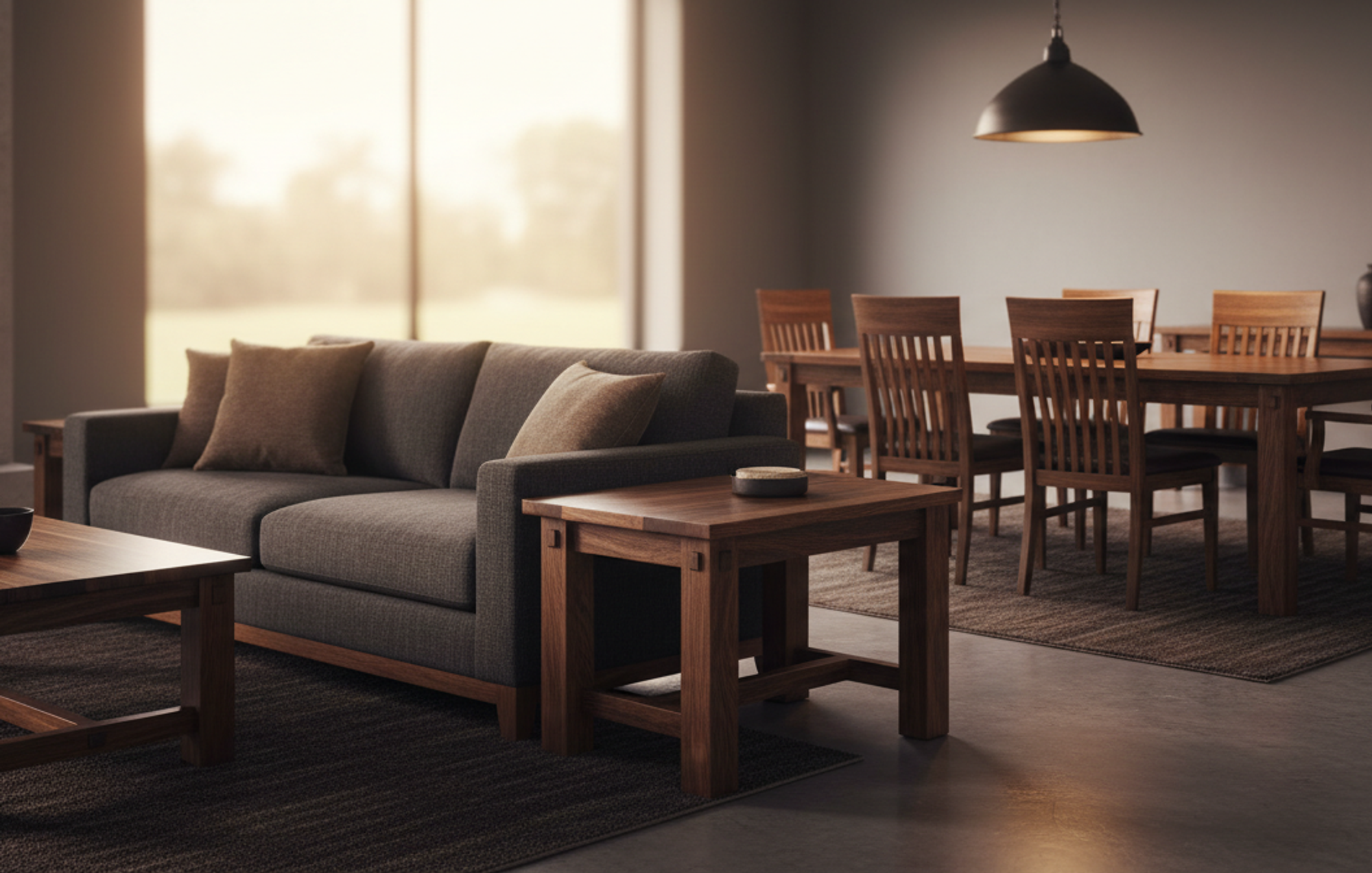 hand-rubbed finish hardwood Hero anchoring a showroom vignette scene featuring Hero.