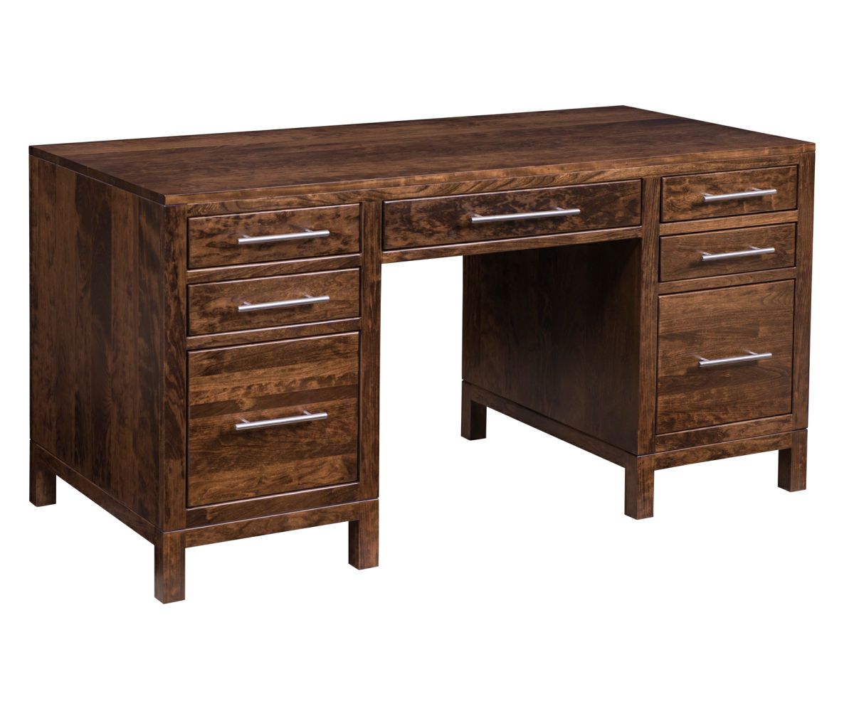 hand-rubbed finish hardwood Modern Double Pedestal Desk With Sleek Metal Pulls, Modern Double Pedestal Desk With Sleek Metal Pulls in a showroom vignette setting highlighting Modern Double Pedestal Desk With Sleek Metal Pulls (thumbnail 3 of 3).