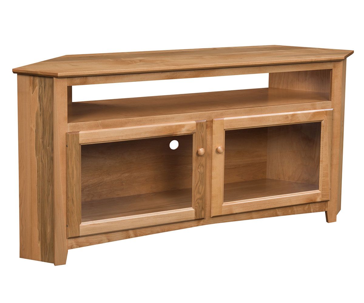 hand-rubbed finish hardwood Corner Tv Console With Glass Doors, Corner Tv Console With Glass Doors in a showroom vignette setting highlighting Corner Tv Console With Glass Doors (thumbnail 3 of 3).