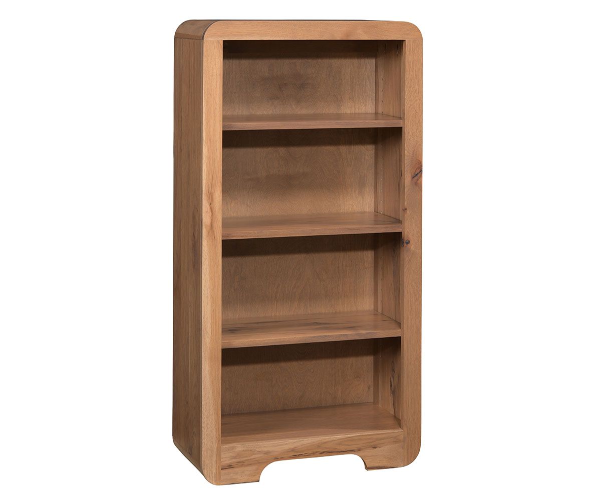 hand-rubbed finish hardwood Rounded Edge Solid Wood Bookcase With Adjustable Shelves, Rounded Edge Solid Wood Bookcase With Adjustable Shelves in a showroom vignette setting highlighting Rounded Edge Solid Wood Bookcase With Adjustable Shelves (thumbnail 2 of 5).