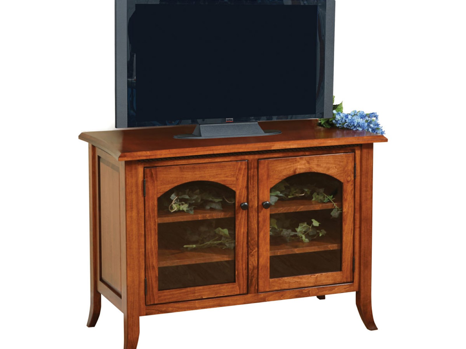 hand-rubbed finish hardwood Arched Glass Door Media Console With Flared Legs, Arched Glass Door Media Console With Flared Legs in a showroom vignette setting highlighting Arched Glass Door Media Console With Flared Legs (frame 1 of 2).