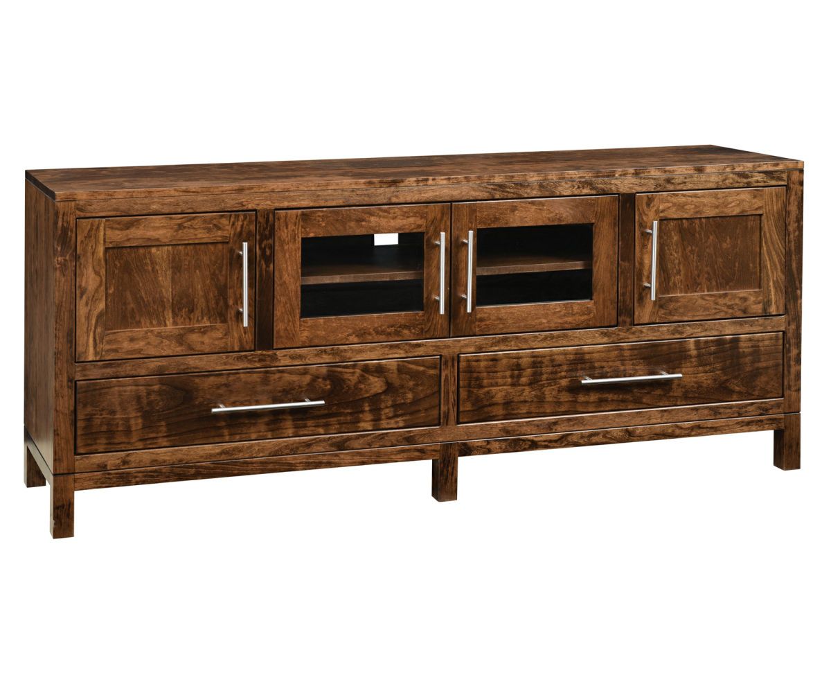 Modern Rustic Four-door Media Console With Glass And Wood Doors